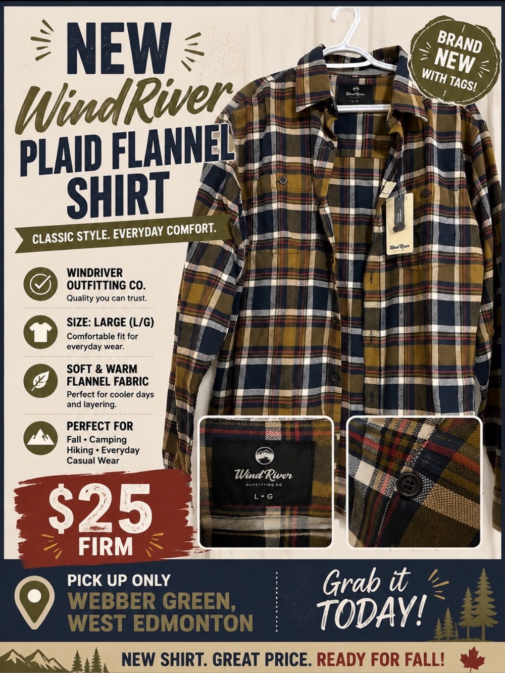 Men's Plaid Flannel Shirt - Olive/Black Plaid (Large)